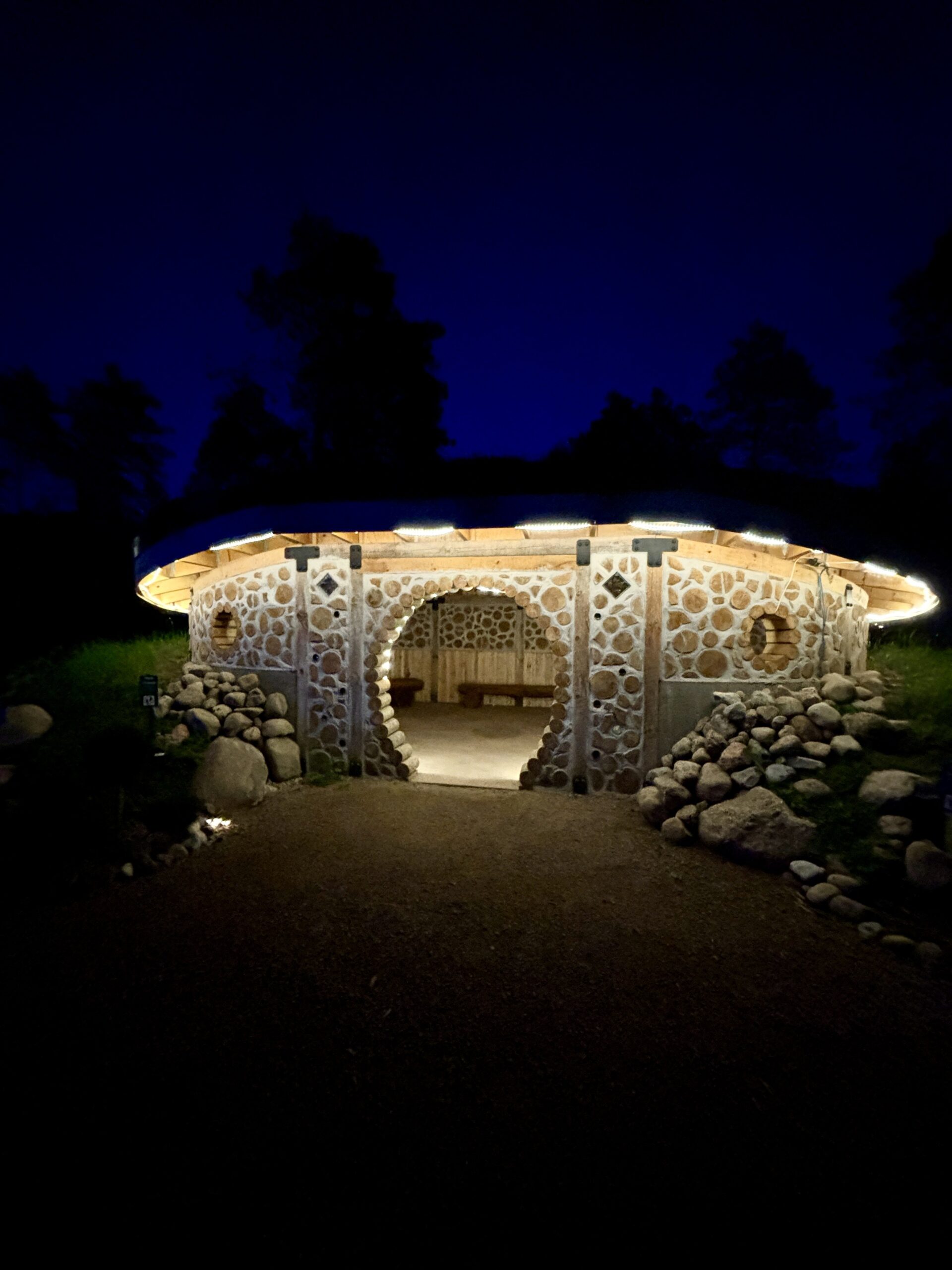Hobbit house at night with lighting